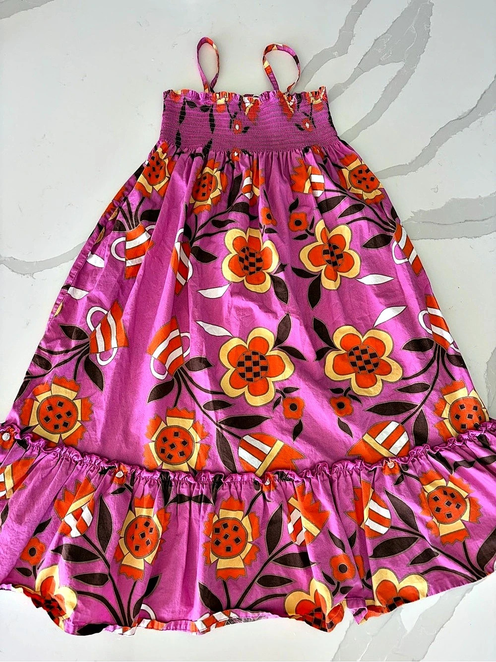 Hanna Andersson Girls Purple Floral Smocked 100% Cotton Maxi Sundress Sz 14/16